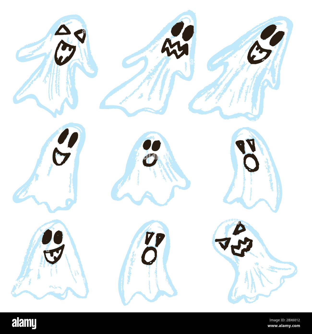 Halloween. Set di fantasmi. Illustrazione vettoriale. Una raccolta di volti divertenti. Vacanze autunnali. Divertimento, tradizioni per bambini Illustrazione Vettoriale