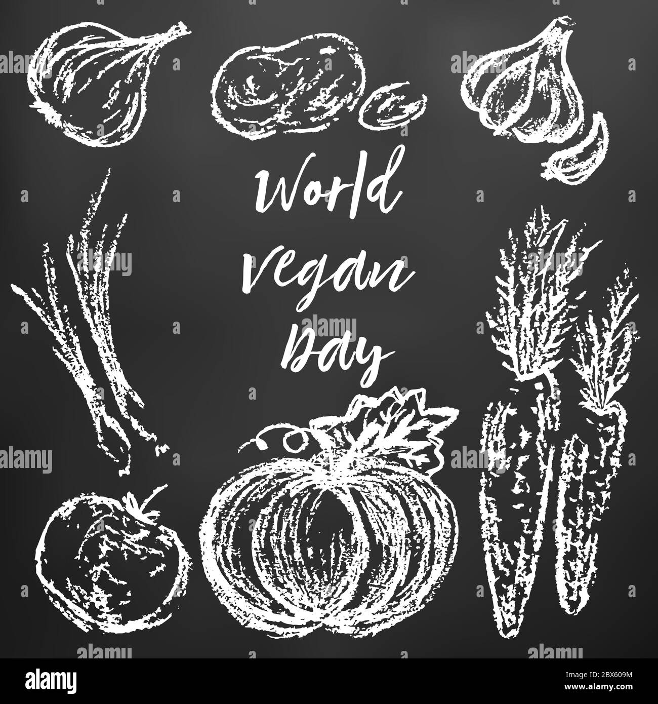 Disegno di gesso bianco per bambini su una lavagna nera. Giornata mondiale di Vegan. Cipolle, patate, aglio, zucca, carote, piselli, pomodoro, rafano Illustrazione Vettoriale