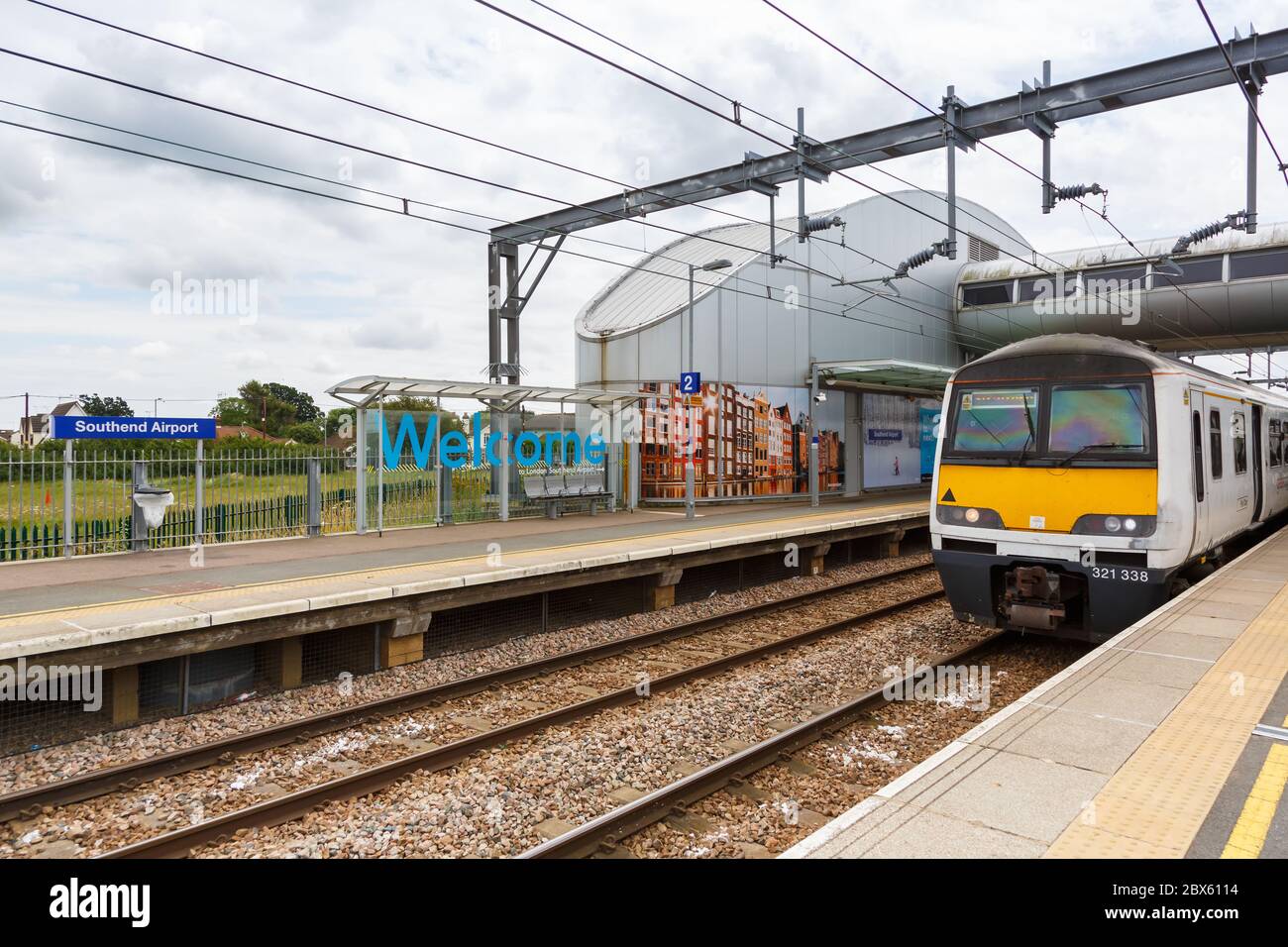 Southend, Regno Unito 7 luglio 2019: Stazione ferroviaria presso l'aeroporto di Londra Southend SEN nel Regno Unito. Foto Stock