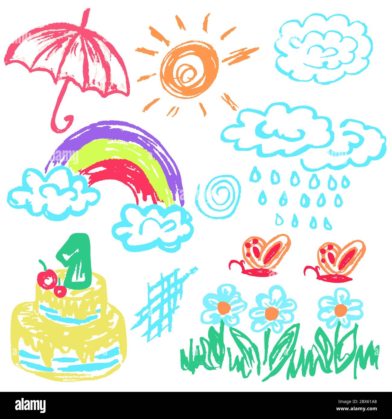 Disegno carino dei bambini. Pastelli di cera colorati. Icone, segni, simboli, perni. Luna, nuvole pioggia torta ombrello arcobaleno Illustrazione Vettoriale