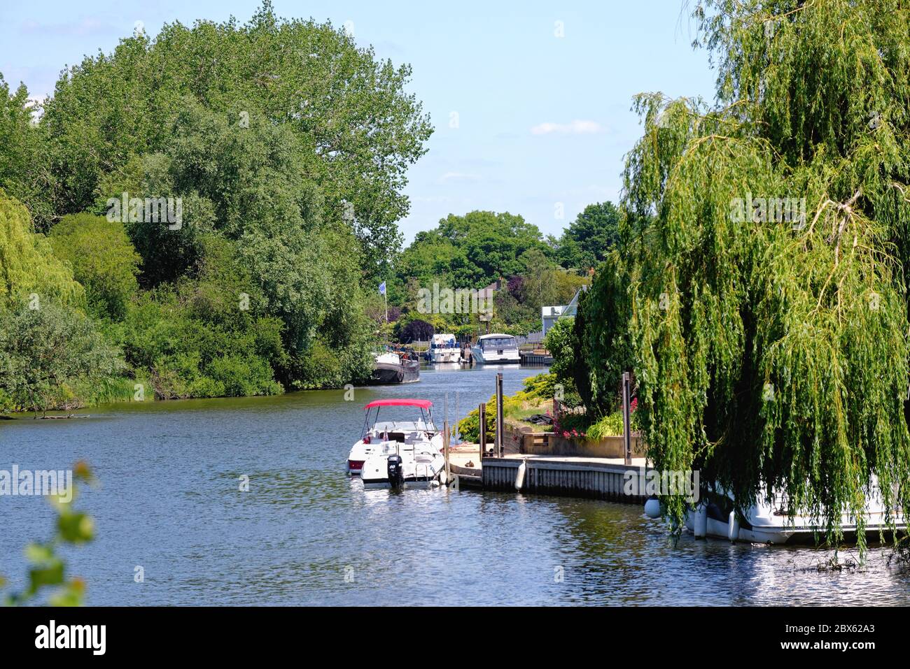 Il Tamigi a Old Windsor con esclusive case lungo il fiume in una giornata estiva soleggiata, Berkshire Inghilterra UK Foto Stock
