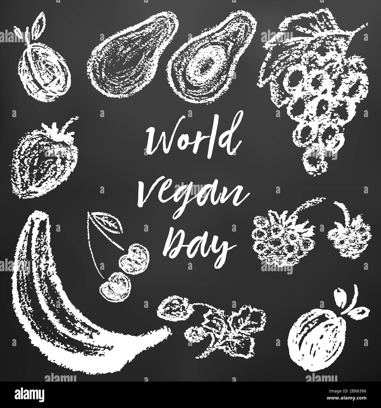 Disegno di gesso bianco per bambini su una lavagna nera. Giornata mondiale di Vegan. Prugna, avocado, uva, lamponi, fragole, ciliegie, fragole, banana Illustrazione Vettoriale