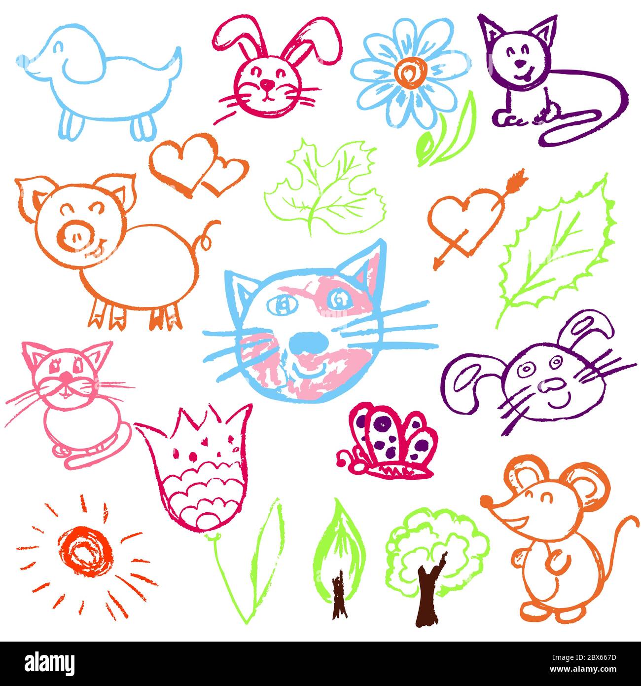 Disegno carino dei bambini. Pastelli di cera colorati. Icone, segni, simboli, perni. Gatti, fiori lepri alberi topo di maiale Illustrazione Vettoriale