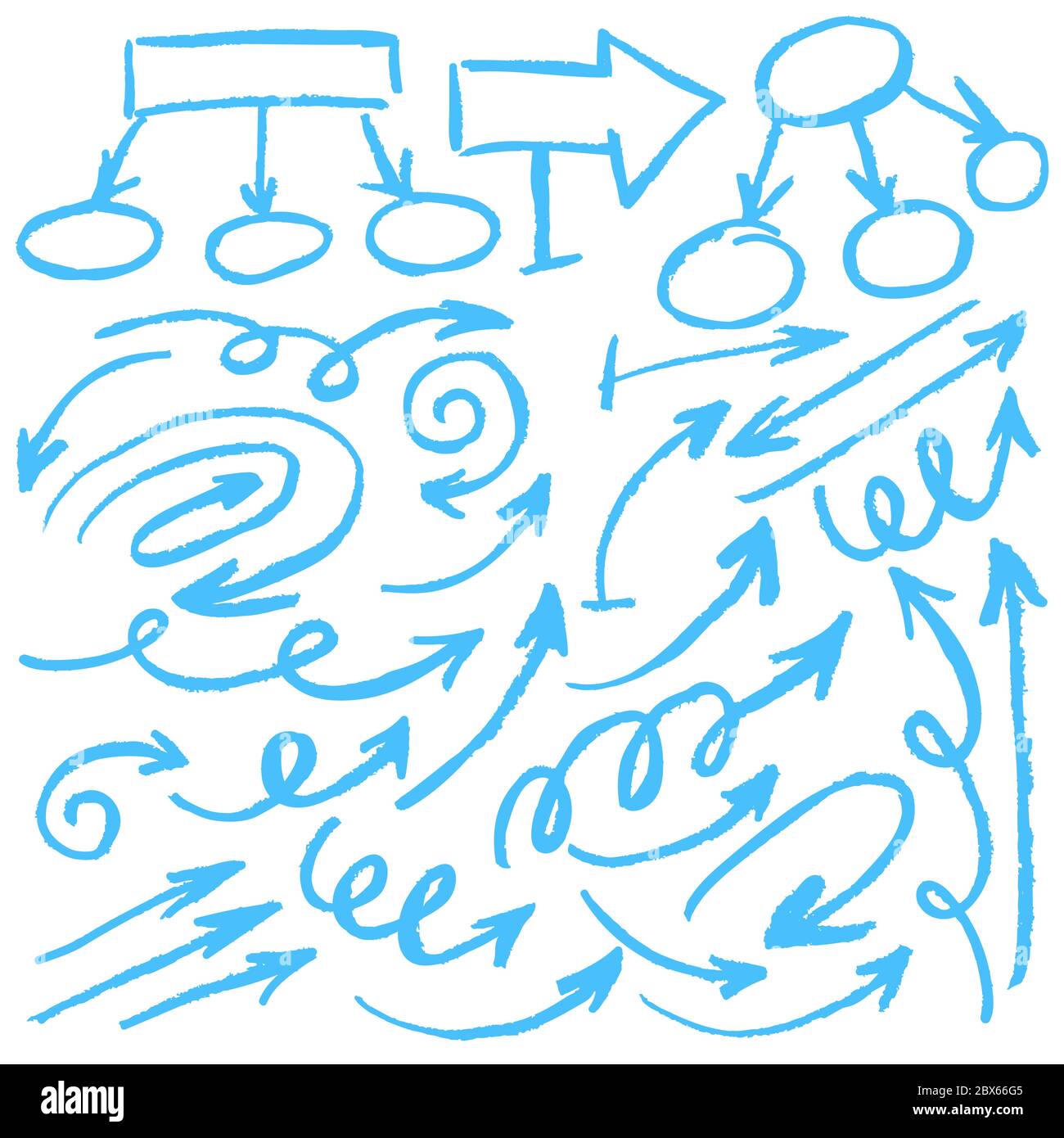 Disegno carino dei bambini. Pastelli di cera colorati. Icone. Elementi per la progettazione. Frecce, ricci a doodle Illustrazione Vettoriale