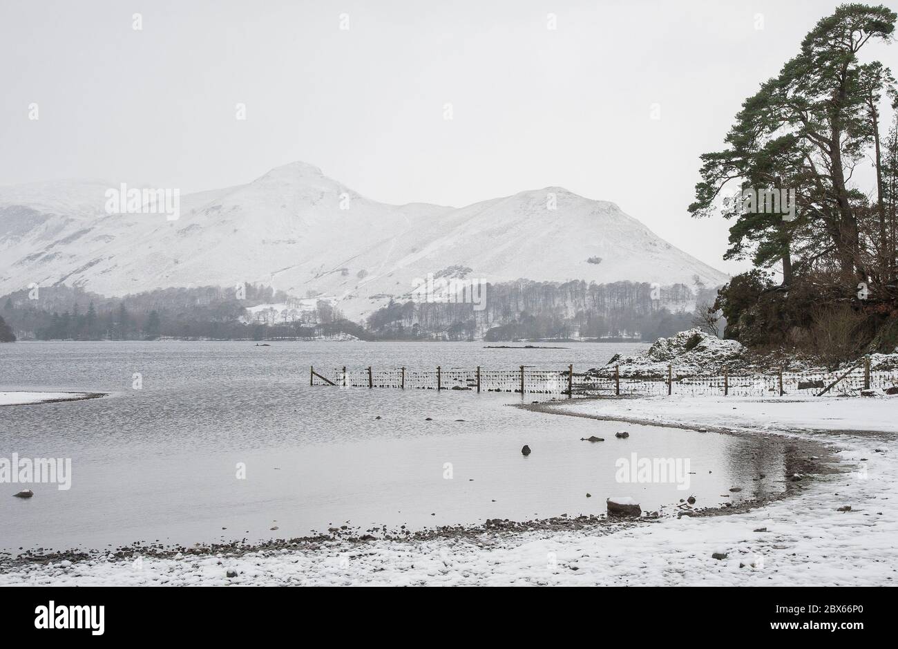 Neve sulla baia di Calfclose su Derwentwater vicino a Keswick Foto Stock