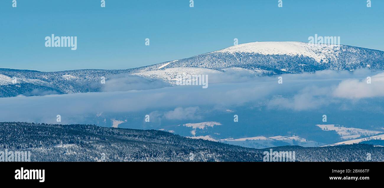 Collina di Krasicky Sneznik sulla repubblica ceca - confini polacchi dalla collina Praded in montagna Jeseniky nella repubblica Ceca durante una bella giornata invernale Foto Stock