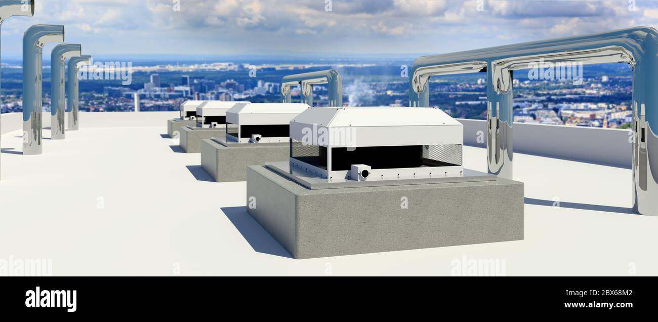 Un impianto di climatizzazione e ventilazione sul tetto dell'edificio Foto Stock