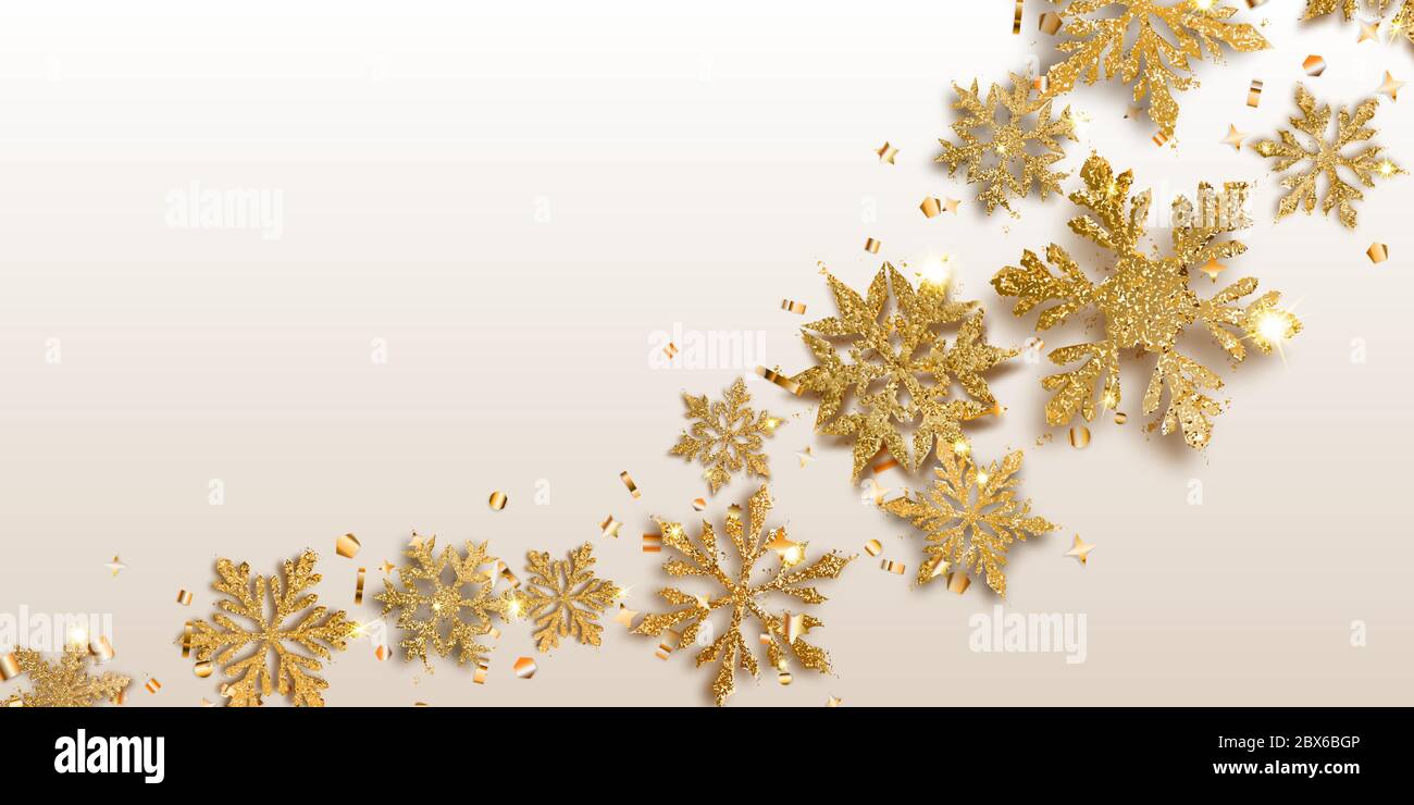 Illustrazione vettoriale di bellissimi fiocchi di neve di Natale complessi e luminosi fatti di scintille in colori dorati con ombre su sfondo chiaro Illustrazione Vettoriale