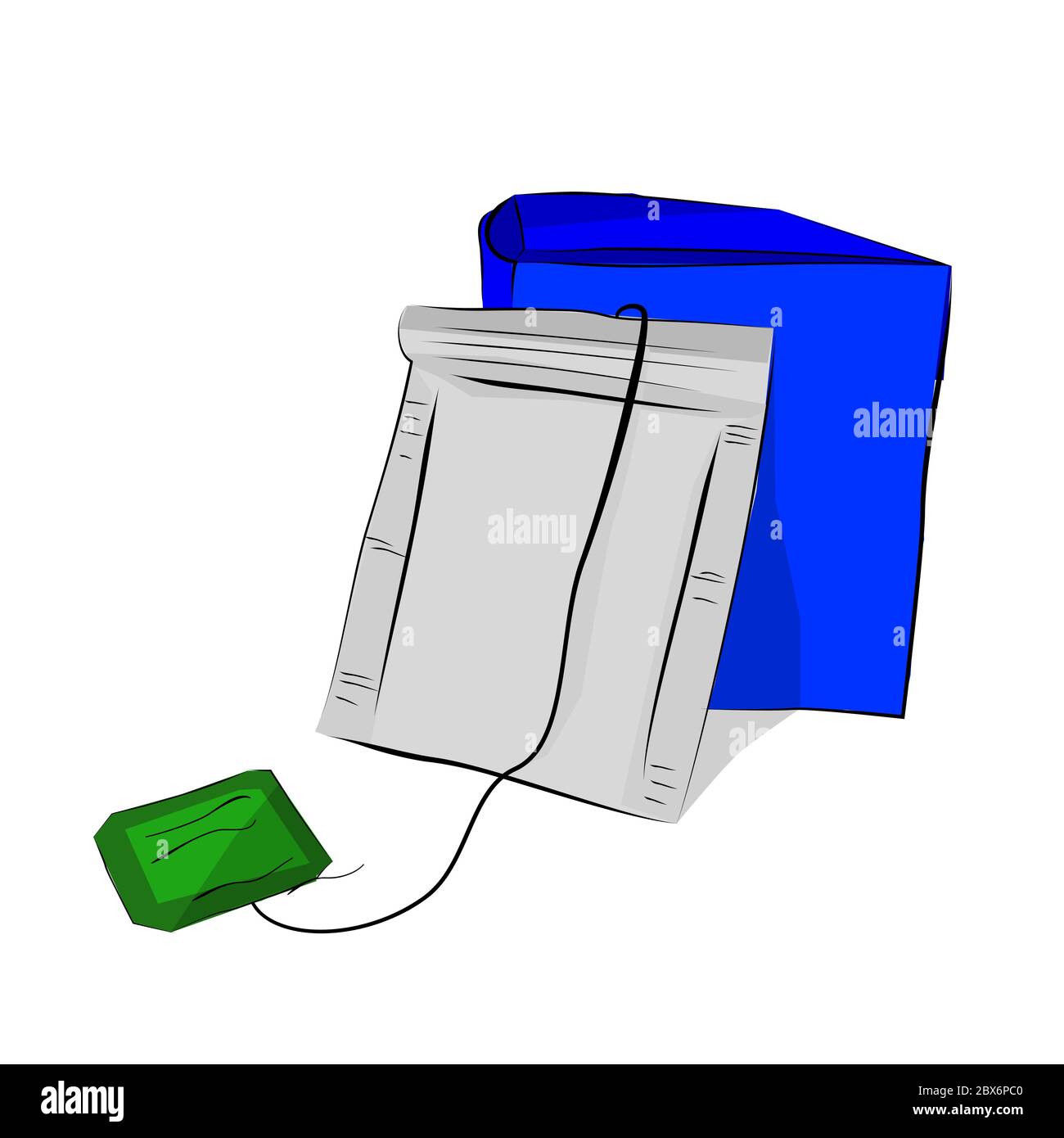 Disegno a mano vettoriale schizzo, Mockup vuoto Borsa da tè istantaneo e scatola, isolato su bianco Illustrazione Vettoriale
