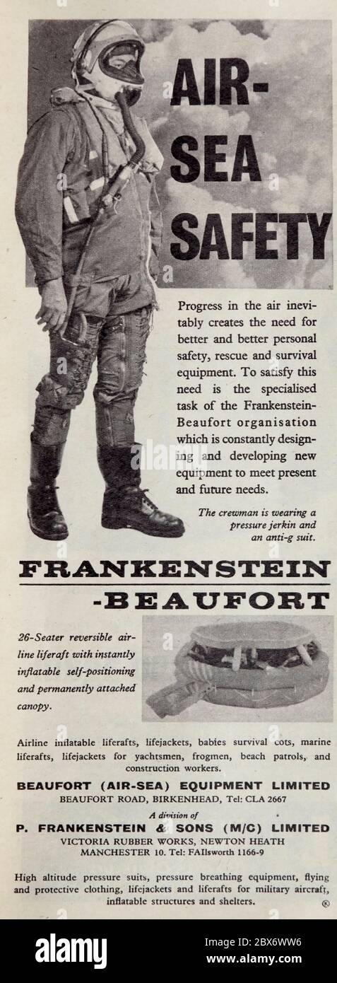 Pubblicità vintage per attrezzature di sopravvivenza Frankenstein Beaufort. Foto Stock