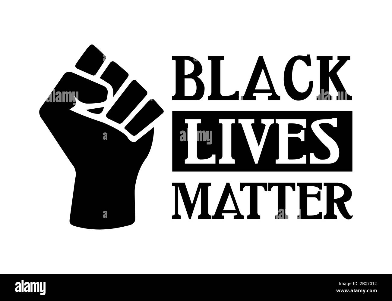 Black Lives Matter with fiero pugno, nero storia simbolo di orgoglio, pregiudizio e discriminazione attivismo illustrazione banner, afroamericano, persone di Foto Stock