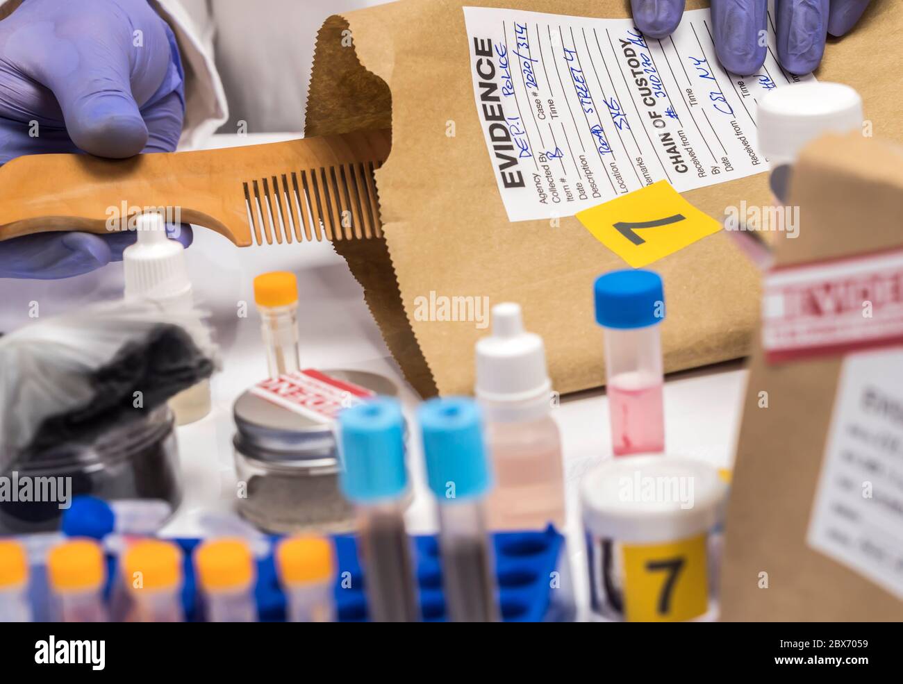 Scienziato attesa di polizia omicidio vittima pettine per trovare il DNA della criminalità in laboratorio, concetto di immagine Foto Stock