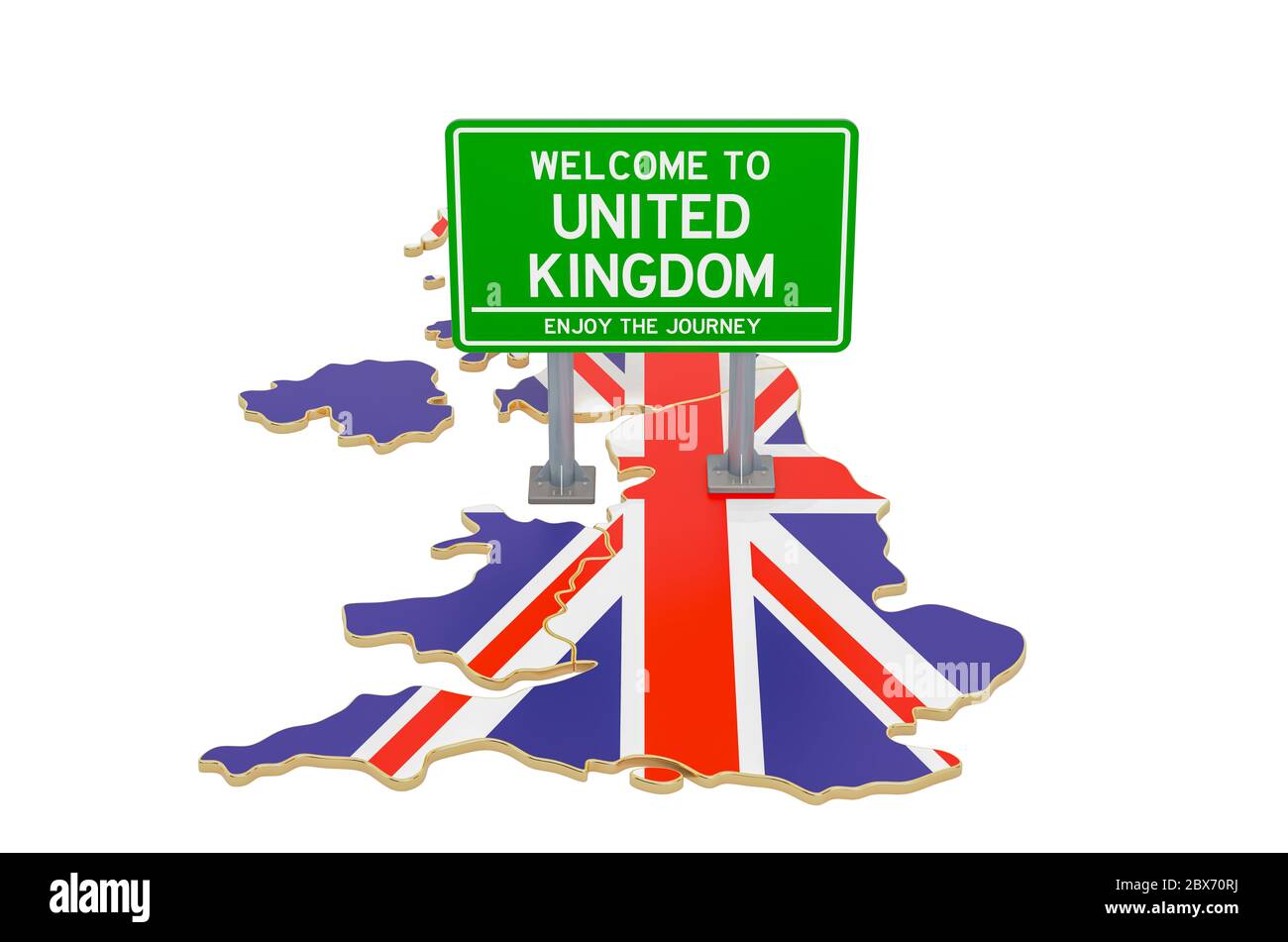 Billboard Benvenuti in Gran Bretagna sulla mappa britannica, rendering 3D isolato su sfondo bianco Foto Stock