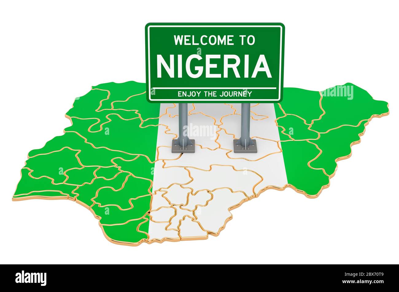 Billboard Benvenuti in Nigeria su mappa nigeriana, rendering 3D isolato su sfondo bianco Foto Stock