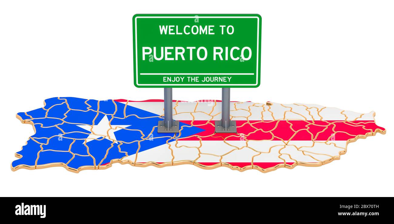 Billboard Benvenuti a Porto Rico sulla mappa di Porto Rico, rendering 3D isolato su sfondo bianco Foto Stock