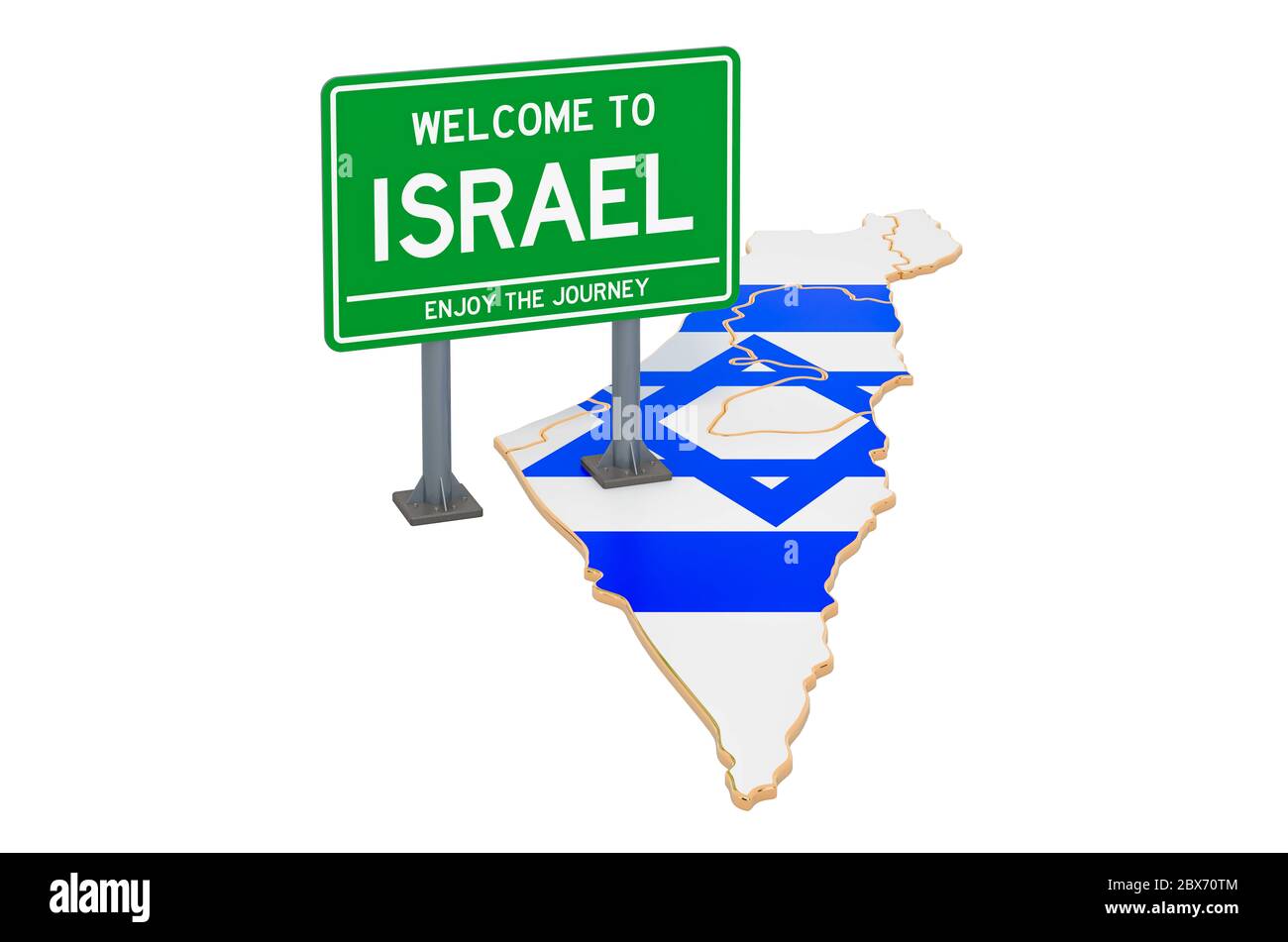 Billboard Benvenuti in Israele su mappa israeliana, rendering 3D isolato su sfondo bianco Foto Stock