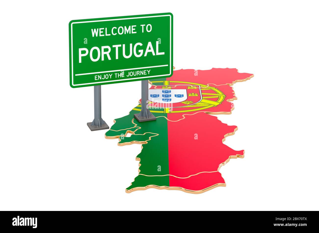 Billboard Benvenuti in Portogallo sulla mappa portoghese, rendering 3D isolato su sfondo bianco Foto Stock