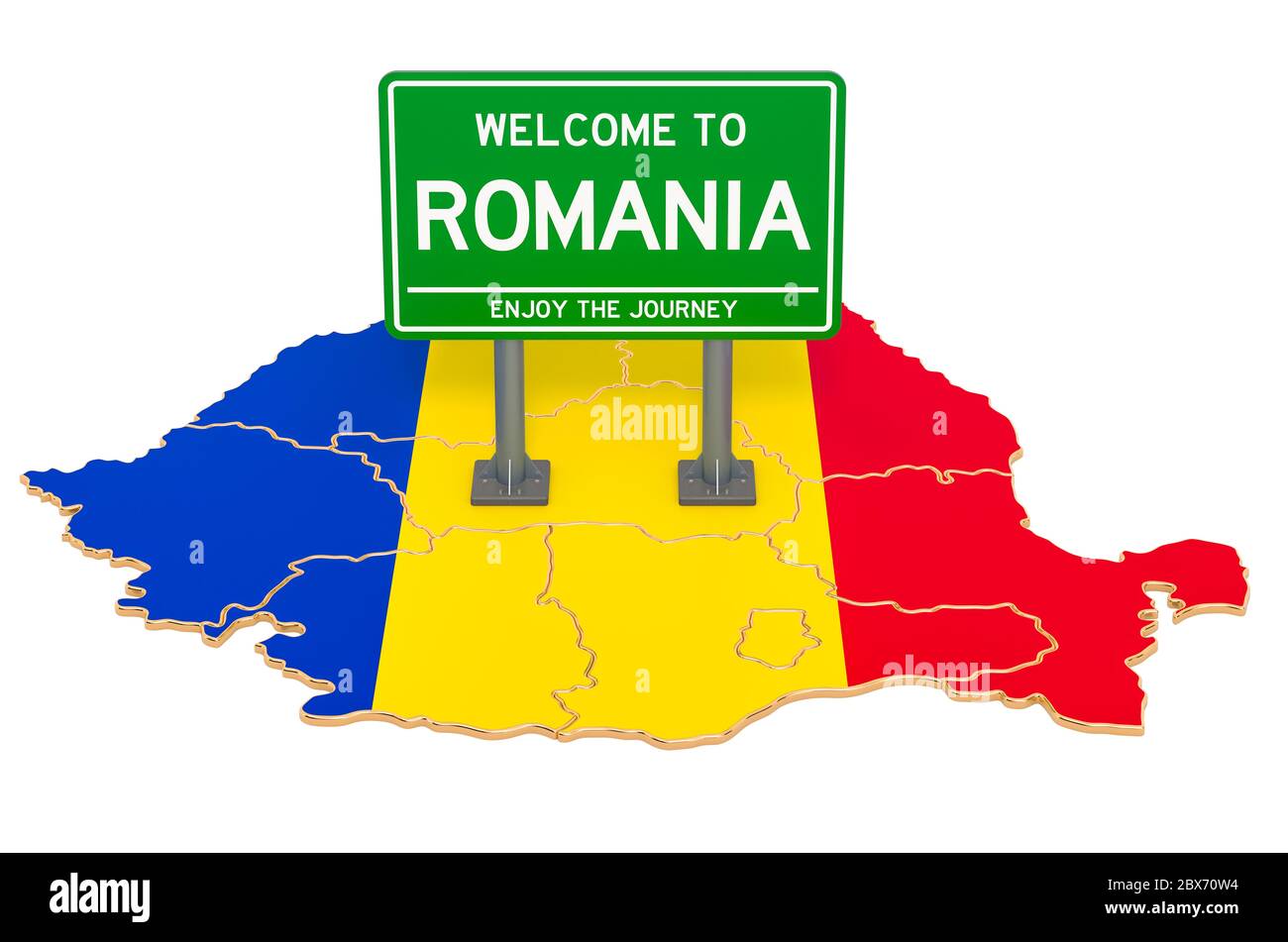 Billboard Benvenuti in Romania su mappa rumena, rendering 3D isolato su sfondo bianco Foto Stock