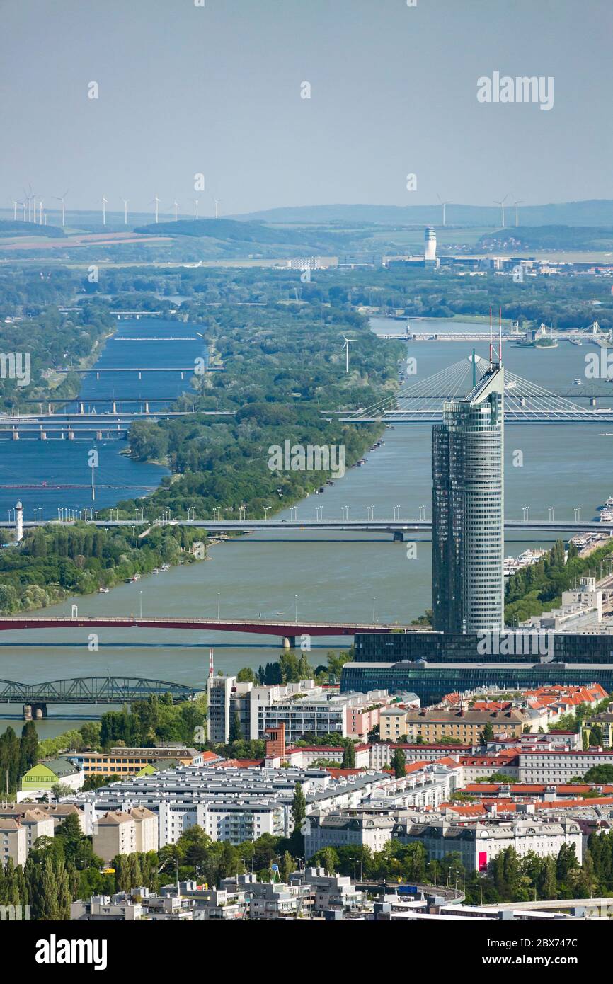 Vista da una collina vigna su Vienna, Austria, al Danubio con la Millennium Tower sulla destra e alcuni ponti. Foto Stock