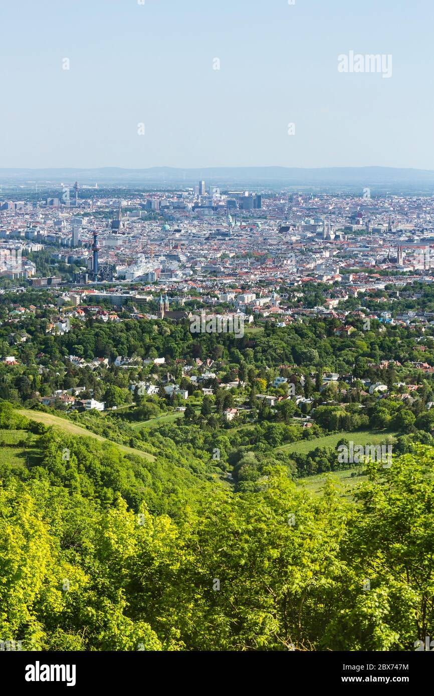 Vista da una collina al centro di Vienna con la torre dell'impianto di incenerimento dei rifiuti Spittelau e diverse chiese in Austria. Foto Stock