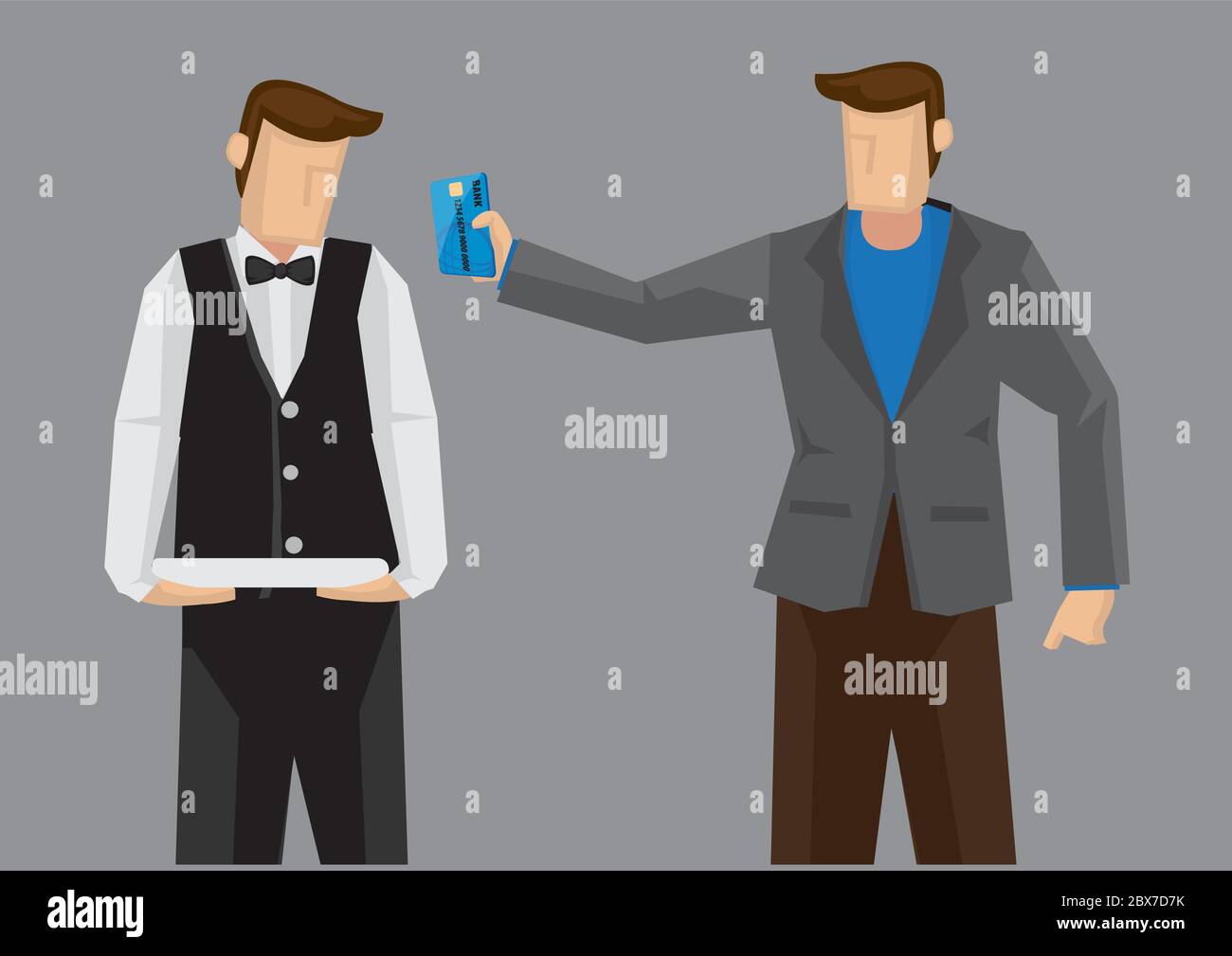 Uomo cartone animato come ospite dando cameriere carta di credito per il pagamento. Illustrazione vettoriale del concetto finanziario isolato su sfondo grigio. Illustrazione Vettoriale
