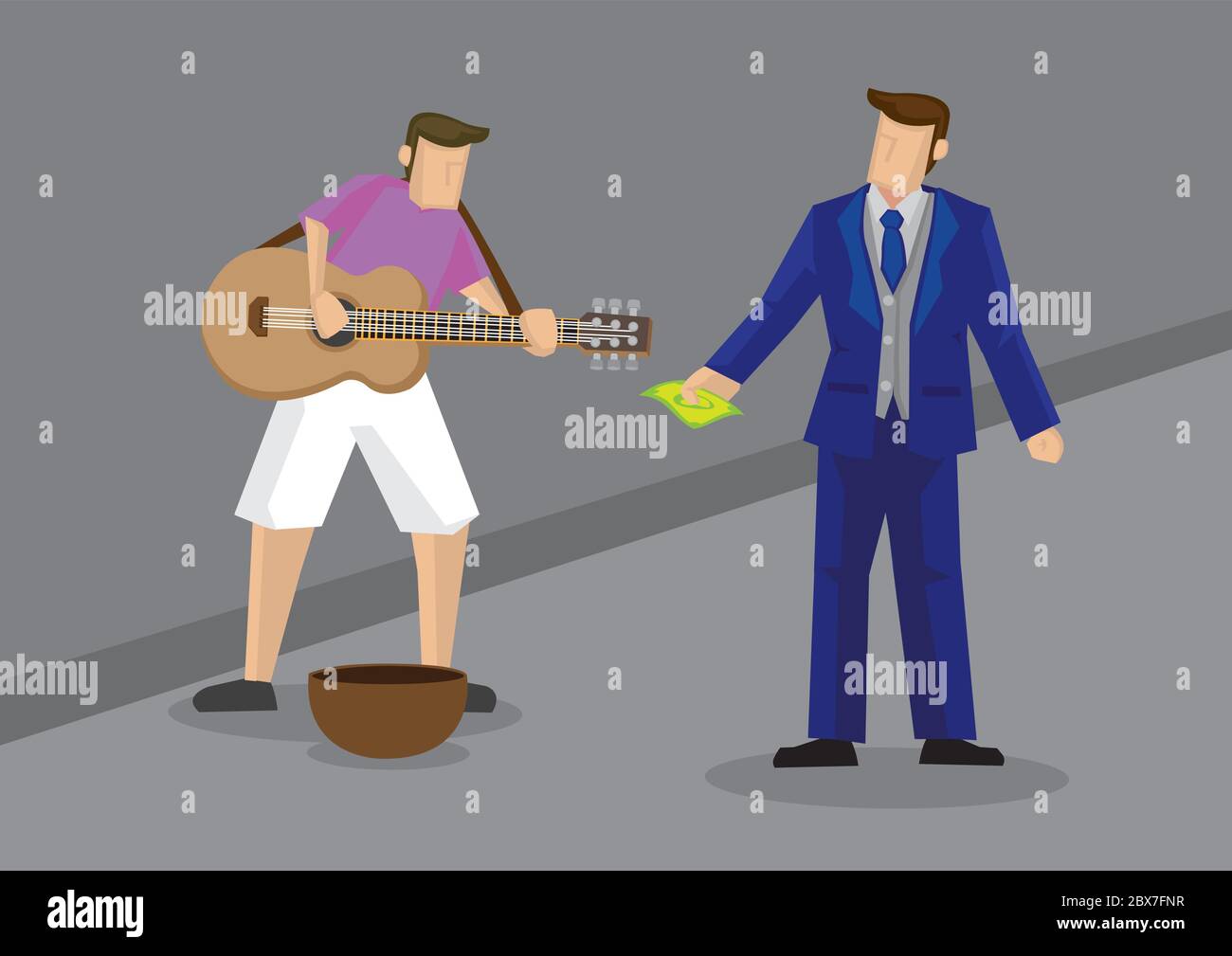 Illustrazione vettoriale di un ricco uomo di cartoni animati vestito con abito da fantasia dando denaro al cantatore di strada cantando con la chitarra. Illustrazione Vettoriale