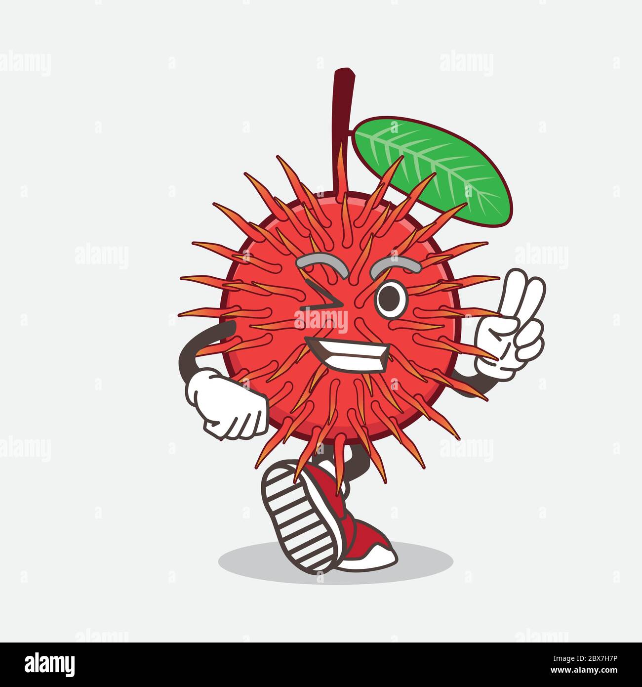 Un'illustrazione del personaggio mascotte di cartone animato di frutta di Rambutan con segno di pace Illustrazione Vettoriale