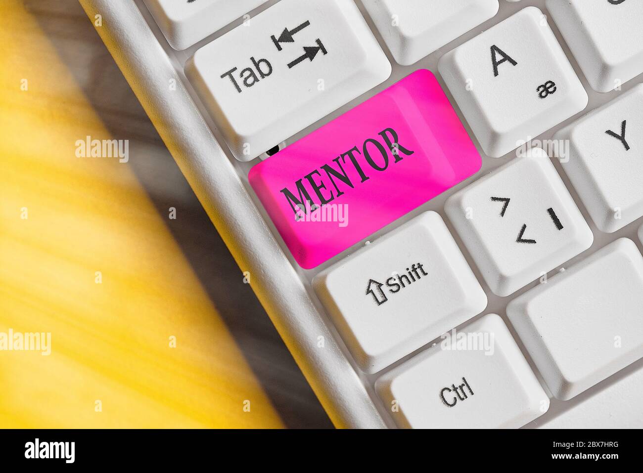 Guida per la scrittura di testo. Foto di lavoro che mostra un individuo che si allena e guida qualcuno che ha il potenziale Foto Stock