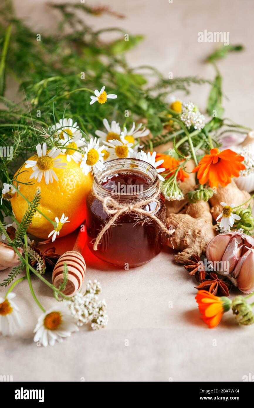 Vasetto di miele biologico, limone, radice d'aglio, anice, camomilla di fiori freschi e calendula. Concetto di medicina alternativa, omeopatia, influenza stagionale calda t Foto Stock