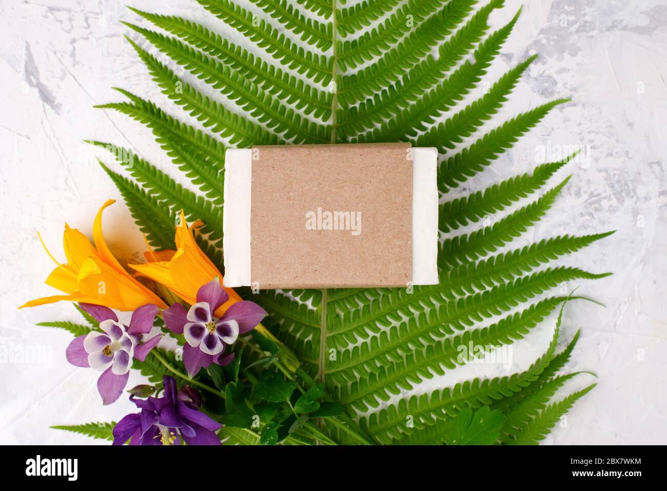 Sapone bianco fatto a mano in olio di cocco in confezione carta artigianale, piante e fiori su sfondo bianco, prodotto per la cura della pelle, igiene delle mani, sapone di erbe, Conc. Spa Foto Stock