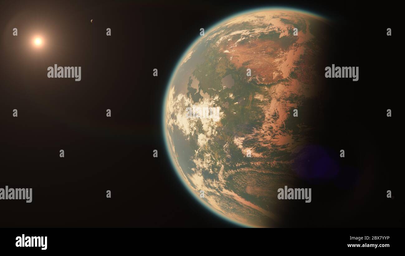 Terra abitabile come pianeta con due lune e Sole nello spazio - Exoplanet vivibile con Luna doppia orbitante sistema nani rossi | Alien Life in Universe Foto Stock