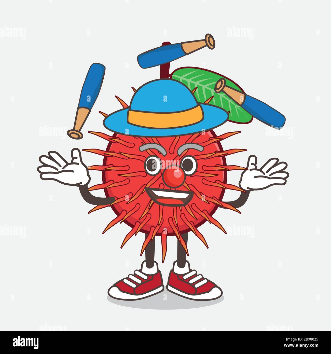 Un'illustrazione del gioco di Juggling del personaggio della mascotte del cartone animato Rambutan Fruit Illustrazione Vettoriale