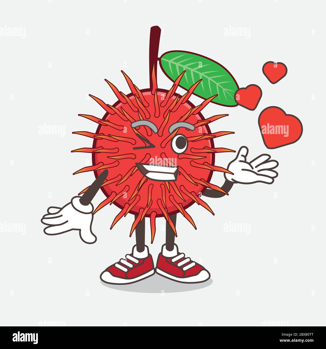 Un'illustrazione del carattere mascotte di cartone animato di Rambutan Fruit che stuzzicano con il bacio del cuore Illustrazione Vettoriale