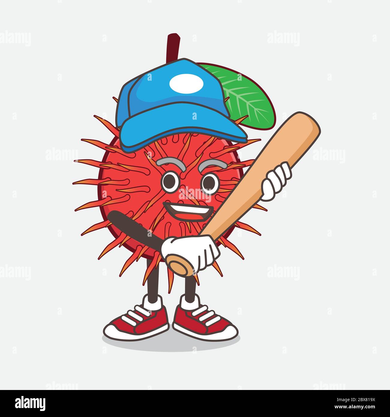 Un'illustrazione del personaggio mascotte di Rambutan Fruit che gioca a baseball Illustrazione Vettoriale