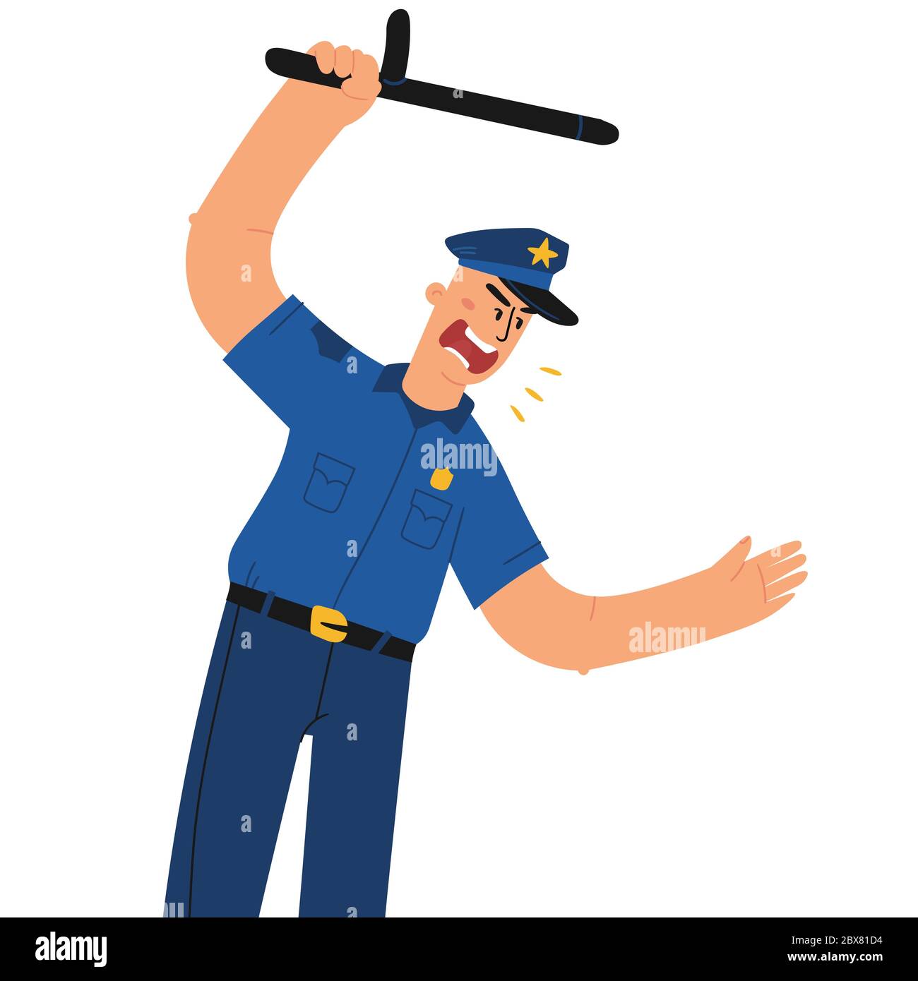 Poliziotto in uniforme utilizzando bastone piatto disegno vettoriale illustrazione. Illustrazione Vettoriale