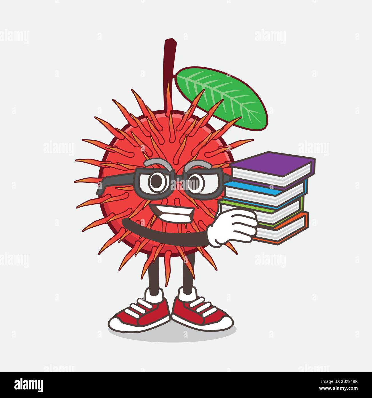 Un'illustrazione del carattere mascotte di cartone animato di Rambutan Fruit che studia con alcuni libri Illustrazione Vettoriale