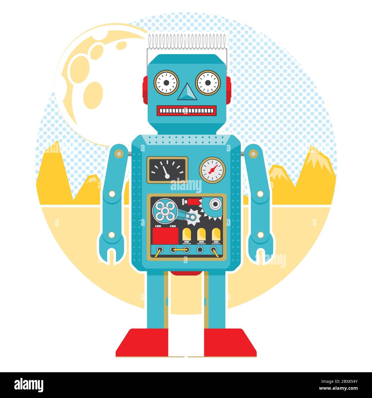 Illustrazione di un robot vintage blu sul paesaggio alieno Foto Stock