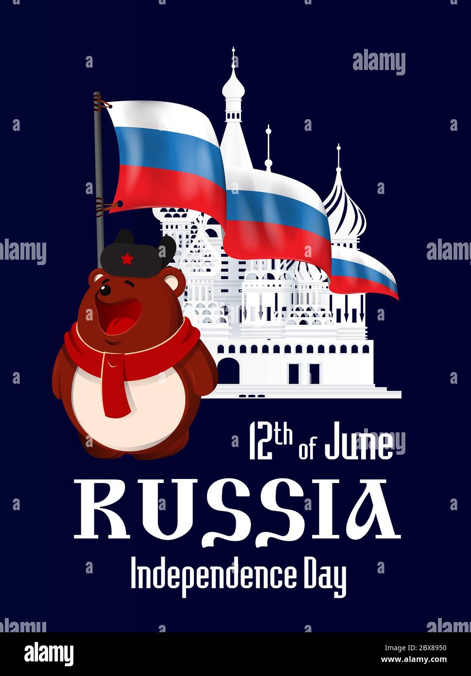 Giornata dell'indipendenza della Russia. 12 di giugno. Orso bruno in cappello e sciarpa rimane con la bandiera russa di fronte alla sagoma della Cattedrale di San Basilio in Piazza Rossa Foto Stock