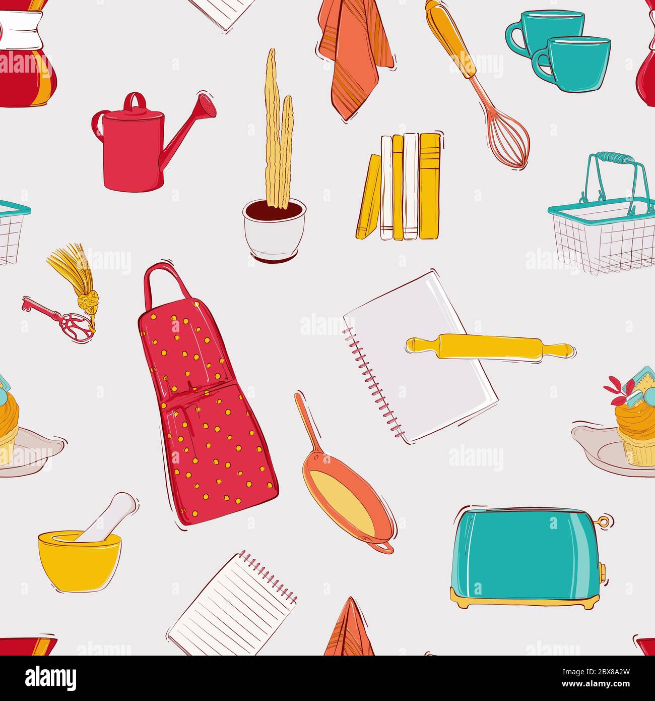 Cucina cucina senza cuciture modello set. Illustrazione di decorazione domestica: Fiore disegnato a mano, libri, piatto, grembiule ed altri elementi di housewifes. Vettore. Illustrazione Vettoriale