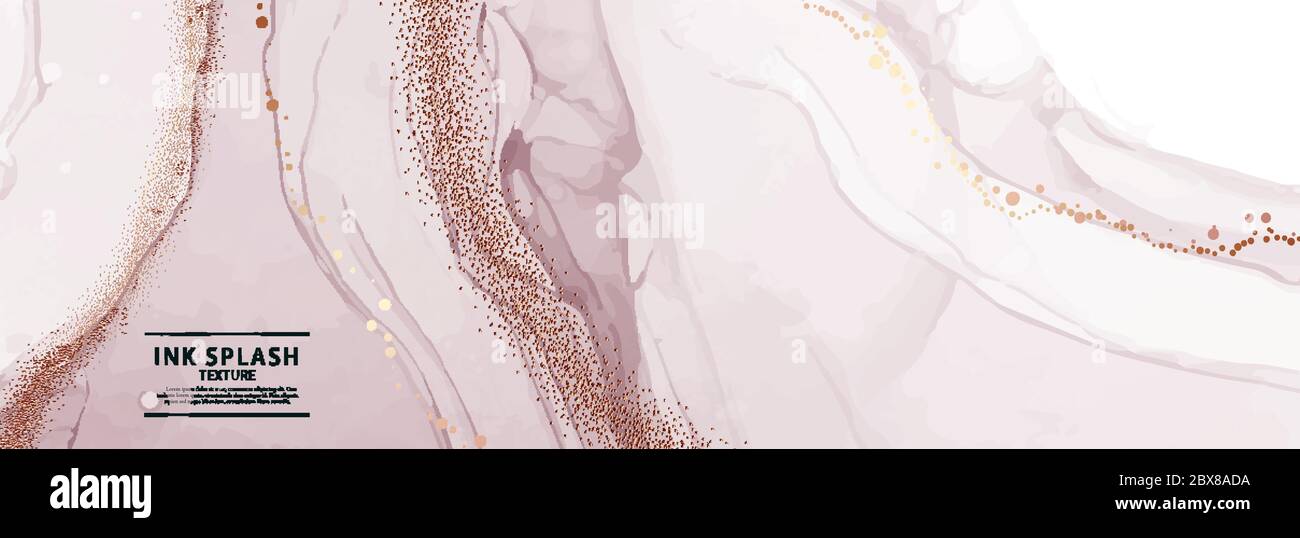 Design sottile con inchiostro a flusso liquido morbido con pellicola in oro. Vettore 2020. Inchiostro a colori ad acqua per cosmetici, spa, profumi, cure sanitarie Illustrazione Vettoriale