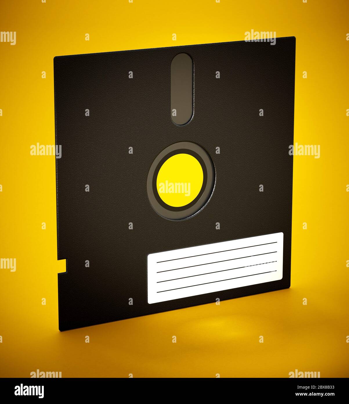 disco floppy da 5.25 pollici isolato su sfondo giallo. Illustrazione 3D. Foto Stock
