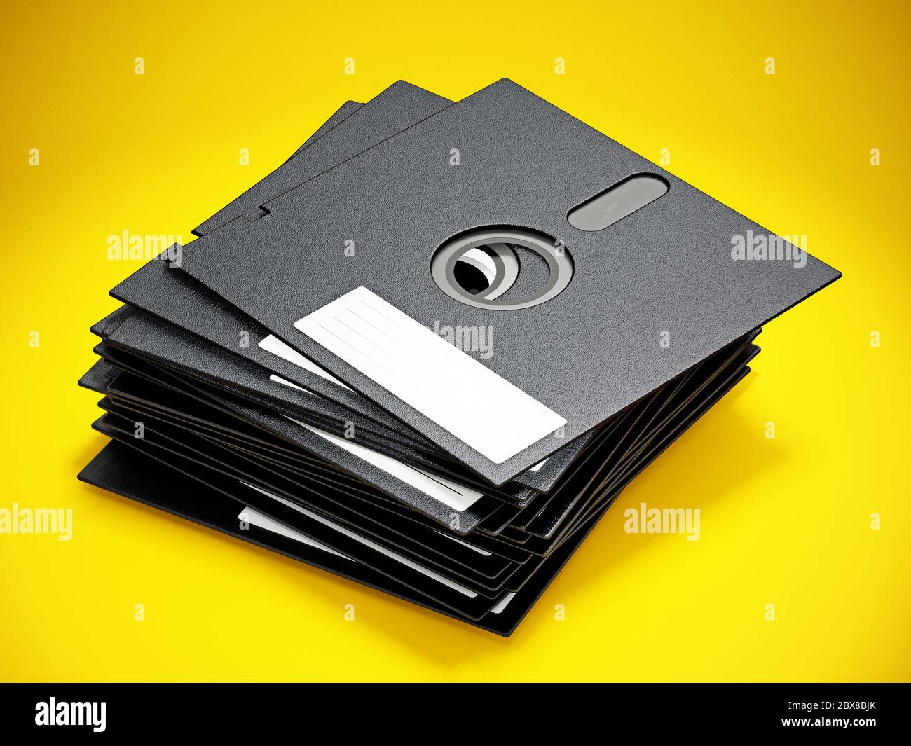 dischi floppy da 5.25 pollici isolati su sfondo giallo. Illustrazione 3D. Foto Stock