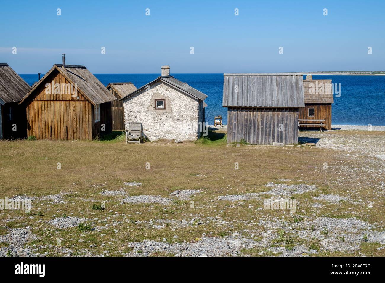 Helgumannens villaggio di pescatori sull'isola di Fåro nel Mar Baltico.Fårö e Gotland sono le principali destinazioni di viaggio in svezia. Foto Stock