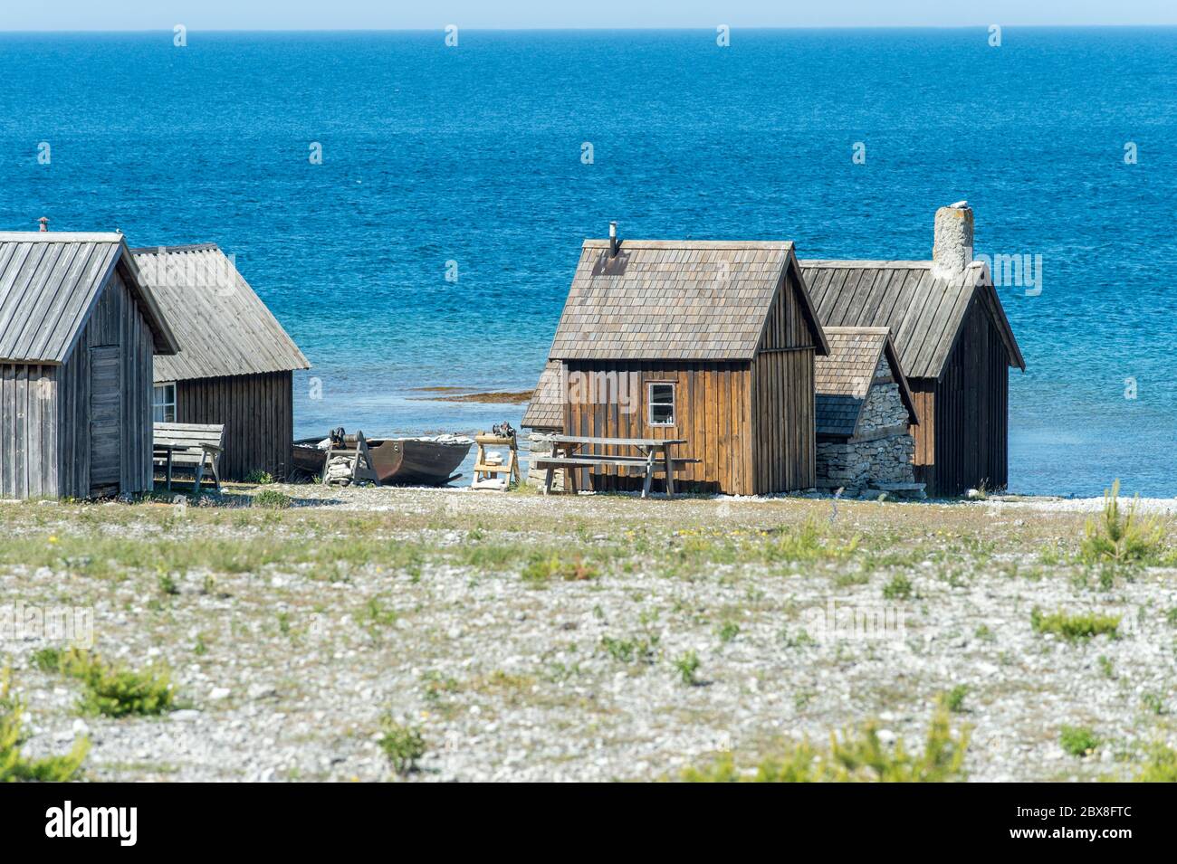 Helgumannens villaggio di pescatori sull'isola di Fåro nel Mar Baltico.Fårö e Gotland sono le principali destinazioni di viaggio in svezia. Foto Stock