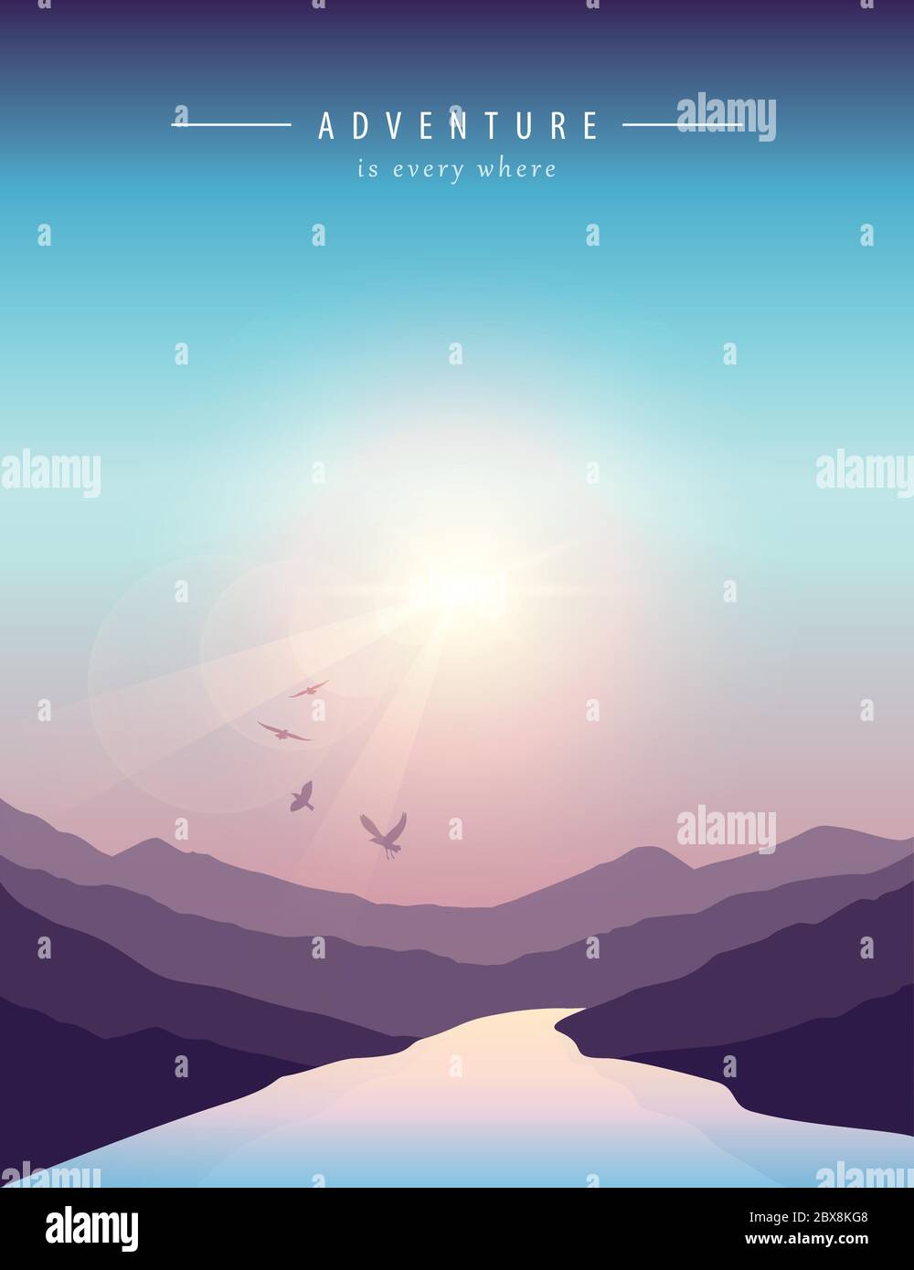 Bellissimo tramonto sul paesaggio di montagna viola dal vettore fiume illustrazione EPS10 Illustrazione Vettoriale