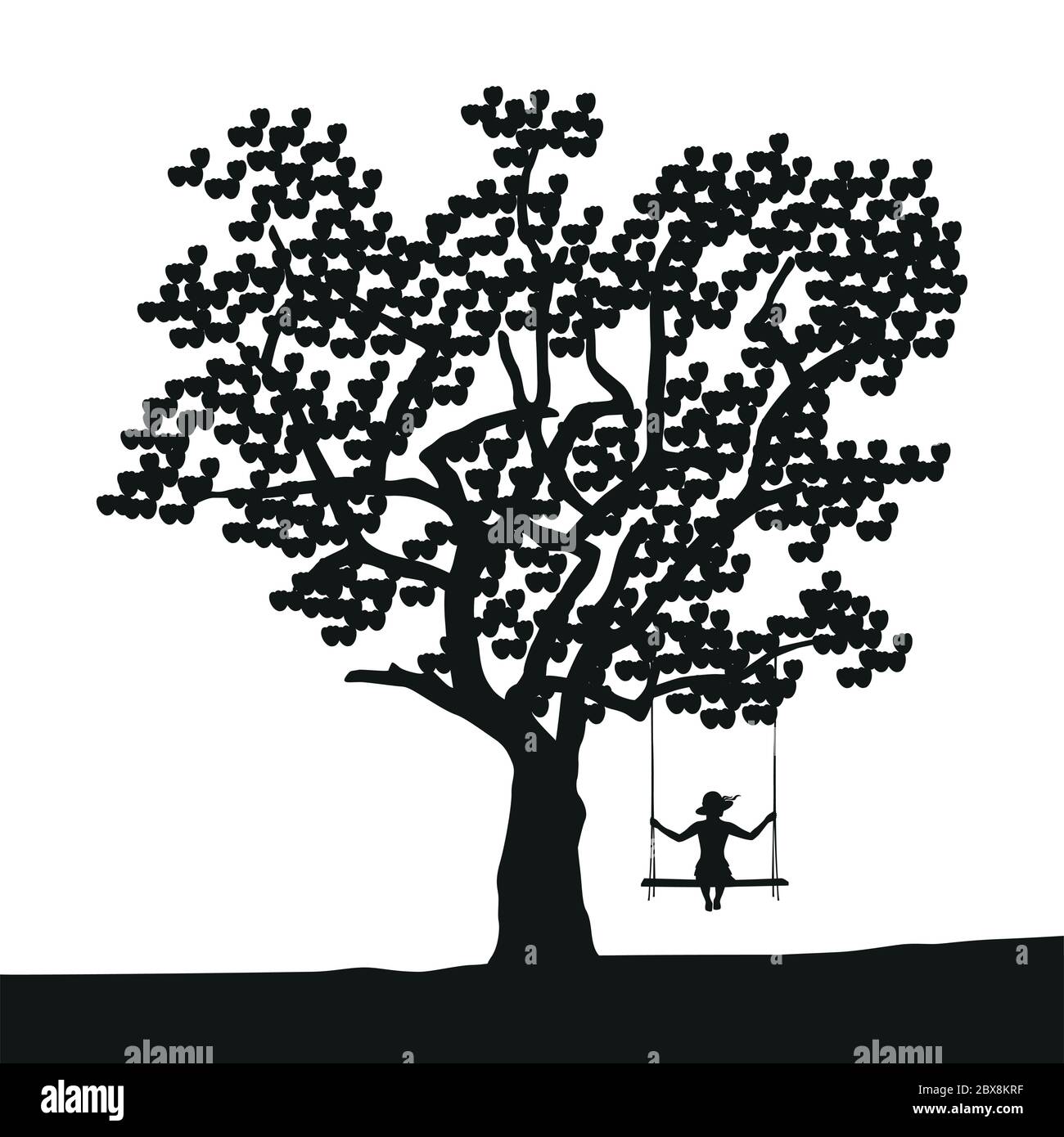 Ragazza su un'oscillazione sotto un albero grande a tramonto vettore illustrazione EPS10 Illustrazione Vettoriale