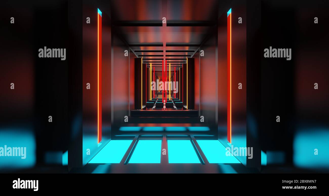 rendering 3d di un corridoio in metallo futuristico di stile hi-tech con luce blu, rossa e gialla. Foto Stock