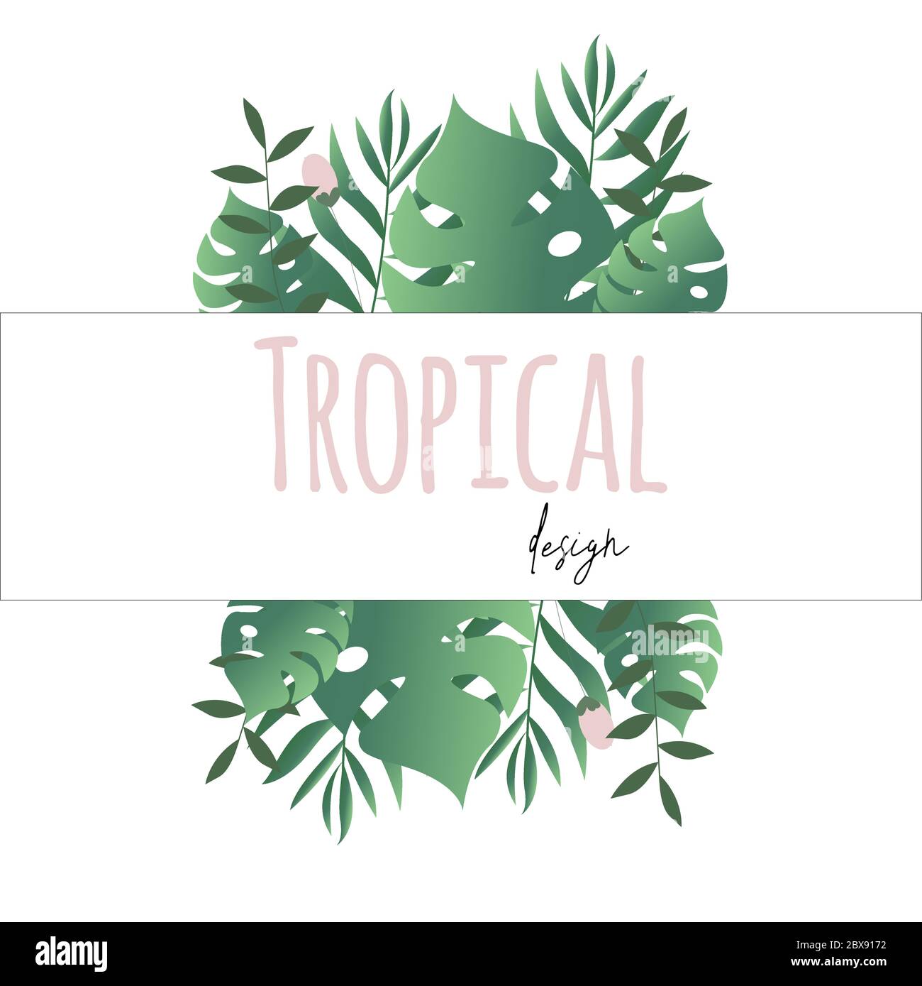 Invito al matrimonio con foglie esotiche di palma. Vendita estiva banner tropicale con template foglie di monstera. Illustrazione vettoriale isolata. Illustrazione Vettoriale