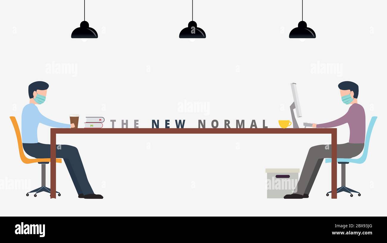 Il nuovo normale. Distanza sociale in ufficio tra il lavoratore uomo d'affari. I dipendenti mantengono la distanza durante il lavoro o la riunione sul coronavirus covid-19 Foto Stock