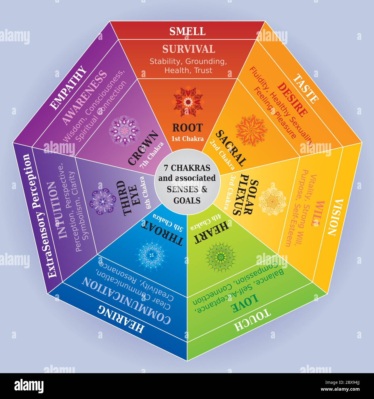 7 Chakra Color Chart con Mandala, sensi e obiettivi Illustrazione Vettoriale